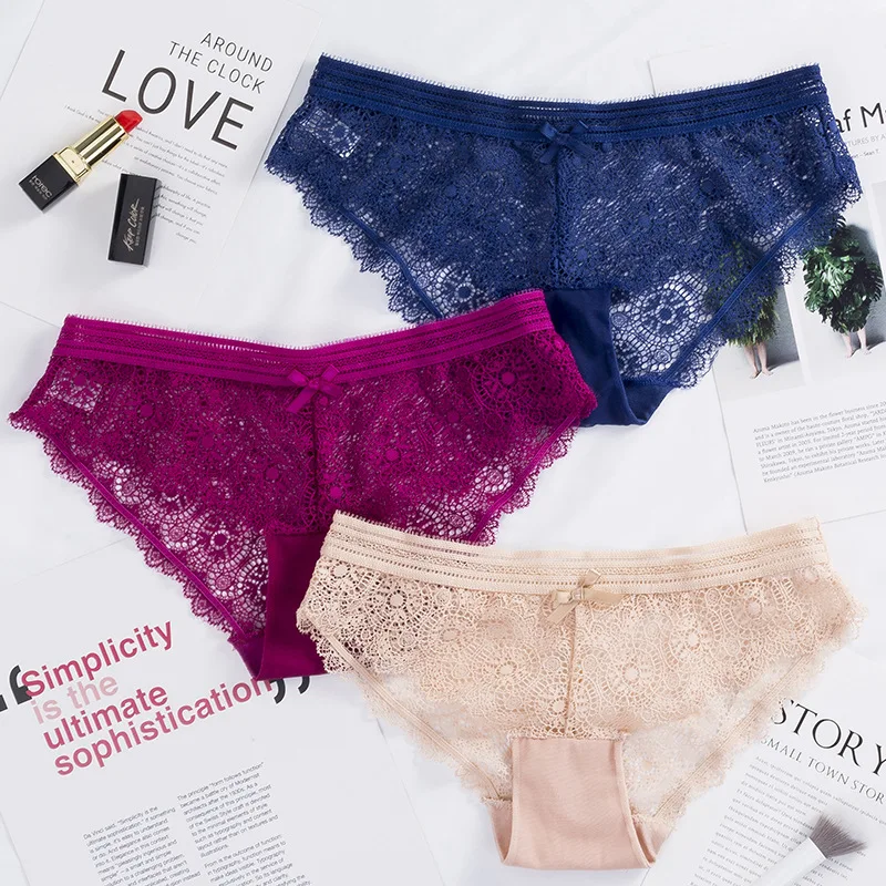 

SP&CITY 3PCS Sexy Solid Seamless Transparent Panties Bow Low Waist Lace Underwear Women Hollow Out Lingerie Briefs Female Thongs