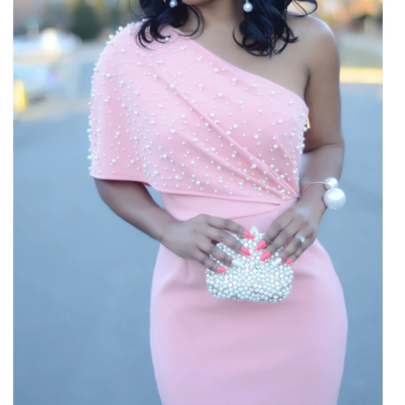 

Pearl Beading Dress Women One-Shoulder Pencil Midi Dress Summer Office Ladies Elegant Party Dress Bodycon Mother of Bride Dress
