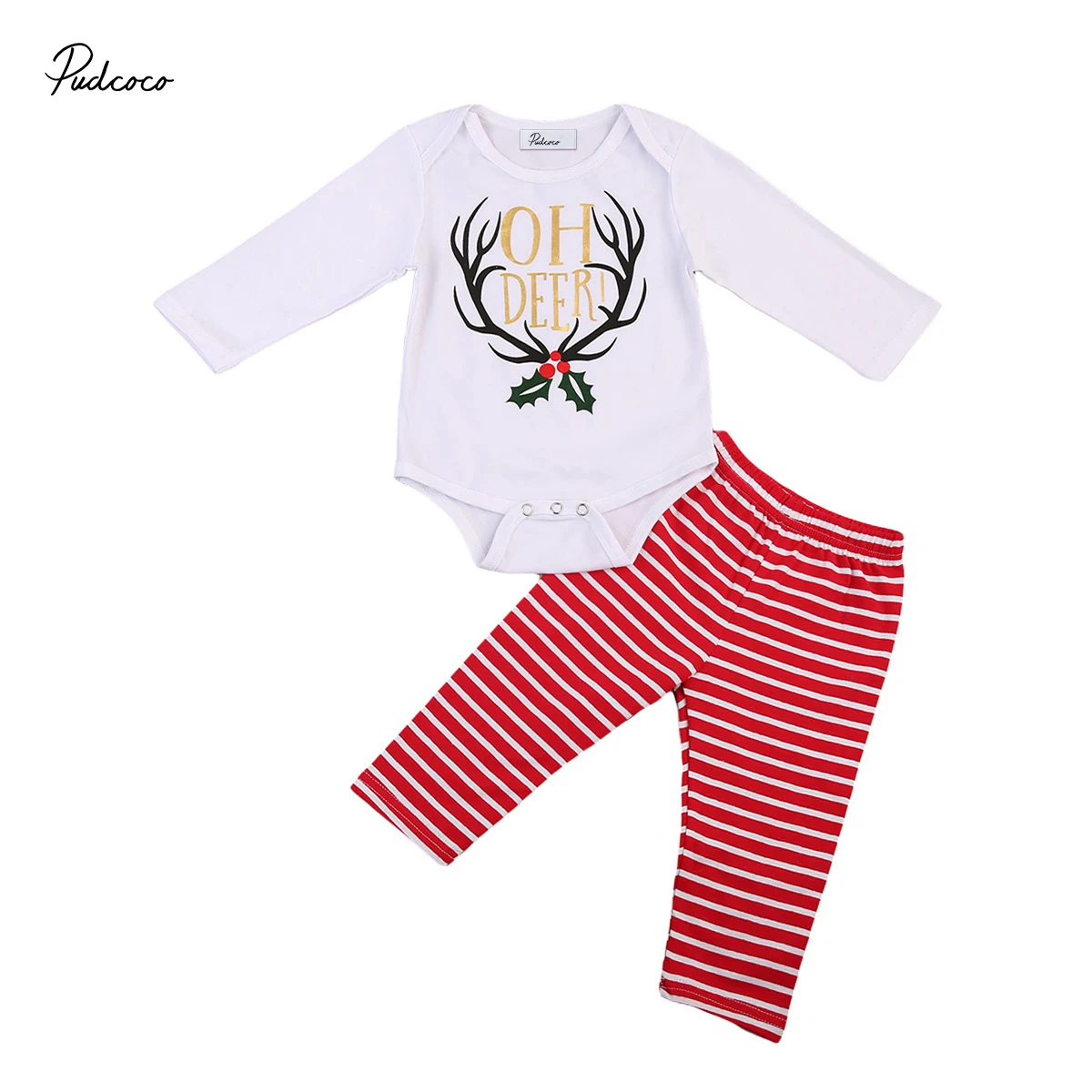 Christmas Suit 2017 New autumn baby girl clothes set Baby Girl cute deer print Romper+red Striped pants Outfits Set Clothes 18M