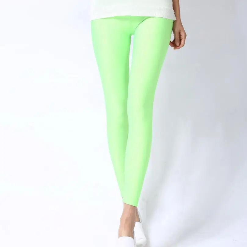 YGYEEG Женские однотонные флуоресцентные блестящие леггинсы большого размера, блестящие эластичные повседневные брюки из спандекса для девочек - Цвет: K036 lemon green