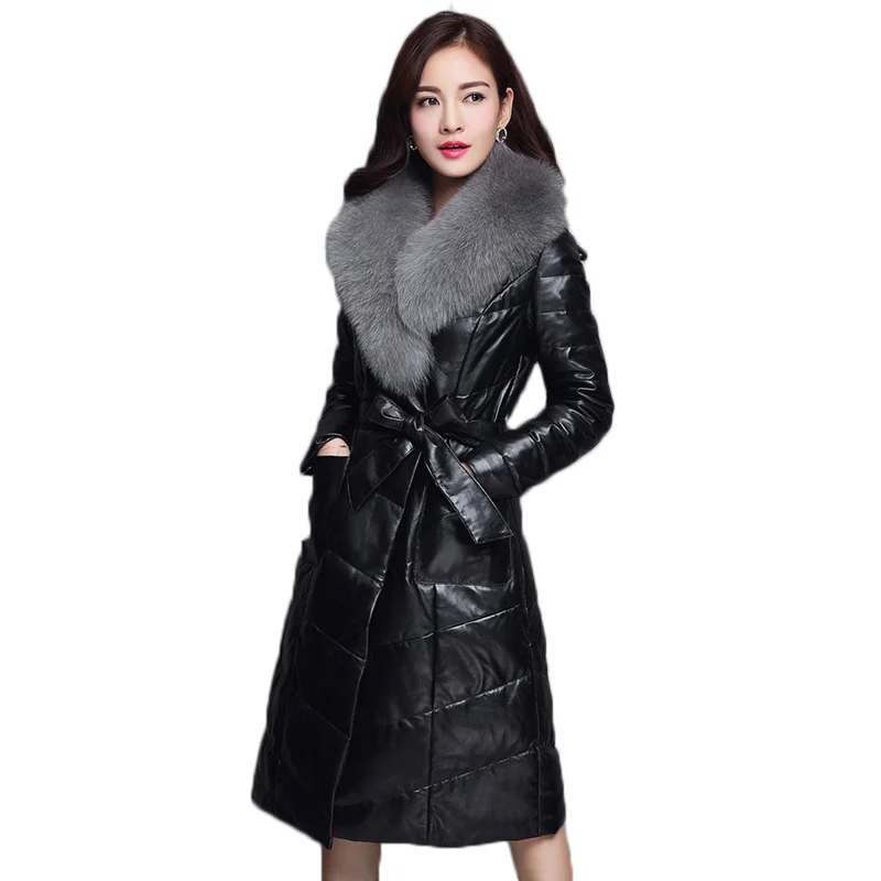 Кожаная женская куртка высокого качества, зимняя женская куртка с воротником из натурального Лисьего меха, пуховик из овечьей кожи, кожаное пальто для женщин