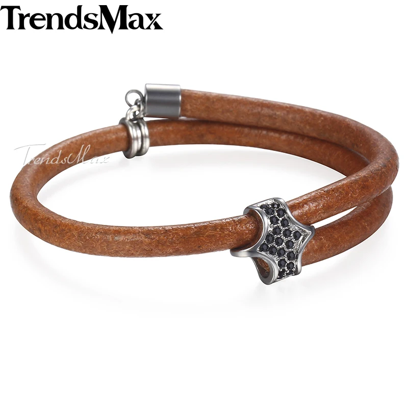 

Trendsmax Men's Brown Leather Bracelet 5mm Stainless Steel Black Rhinestones Charm Bracelet For Men KDLB63