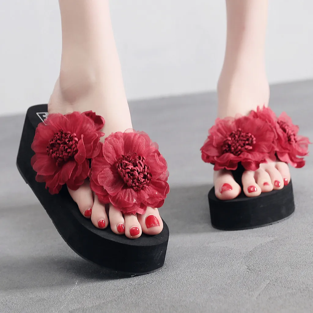 

2019 Women's Flower Slippers Summer Ladies Beach Casual Shoes Sexy Slipper Fashion High Heel Wedges Thick Bottom Flip Flops Hot