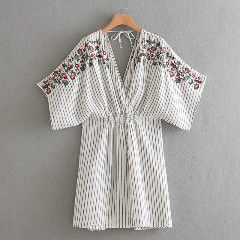 Women's Clothing Dress 2019 Fashion Joker Cotton Embroidered Striped Dress Ms Summer Street Sexy Leisure Temperament Clothing