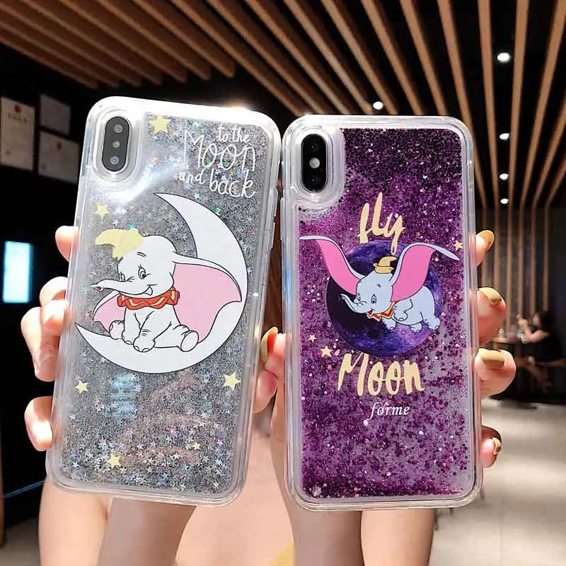 

Cartoon Moon Dumbo Flying Elephant Case For iPhone 6 6S 7 8 Plus Glitter Liquid Quicksand Case For iPhone X XS Max XR Cover