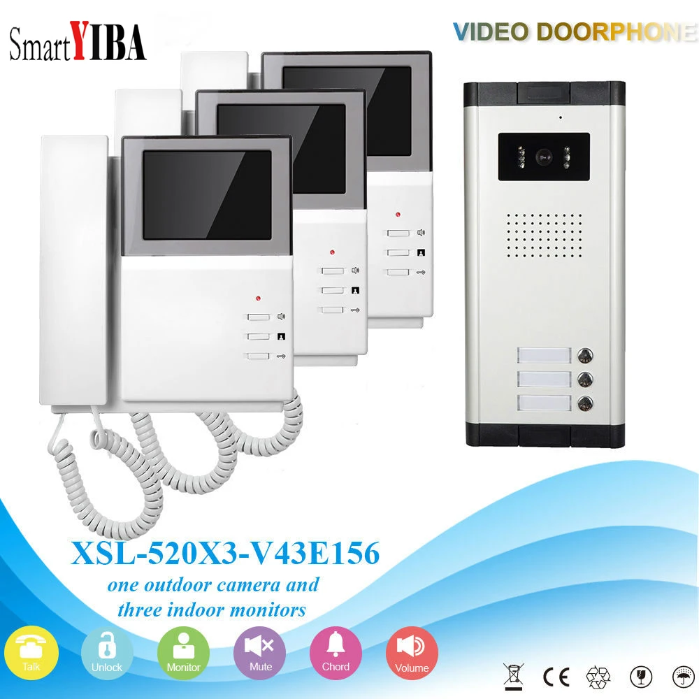 SmartYIBA 4.3'' House Intercom Handheld Video Intercom System LCD Color Display for 3 Apartment Video Door Bell IR Night Vision