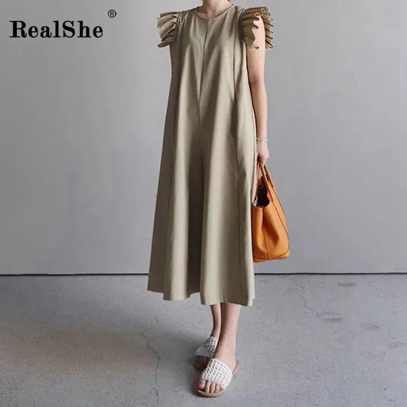 

RealShe New Women Dress Ladies V-Neck Ruffles Sleeveless Zipper Long Loose Dresses Woman Summer Streetwear Casual Vintage Dress