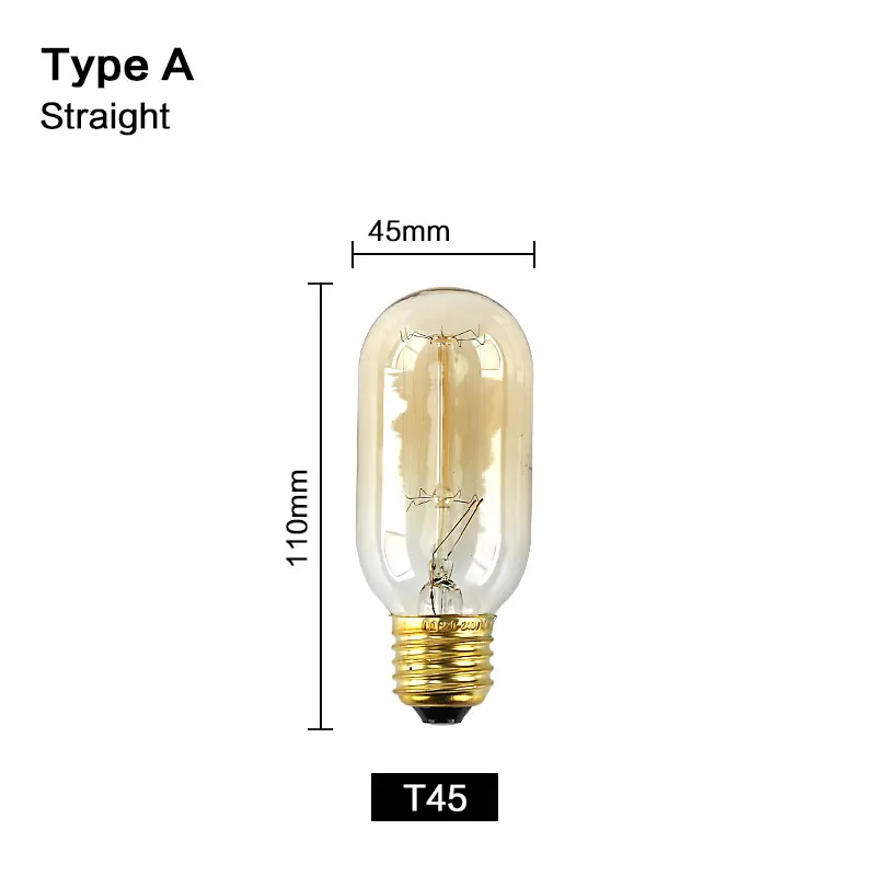 Ретро Винтаж Эдисон лампы Подвесная лампа-канделябр 220V нити E27 Эдисон лампы накаливания Светильник лампы античный Вольфрам лампа - Цвет: T45 Straight