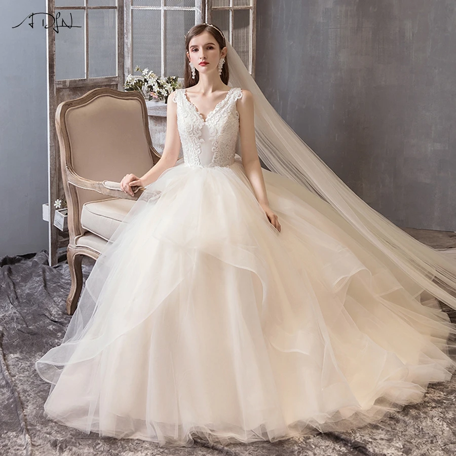 

ADLN High Quality Ball Gown Wedding Dress 2019 Cap Sleeve Robe De Mariee Applique Ruffles Beading Tulle Bridal Gowns Custom