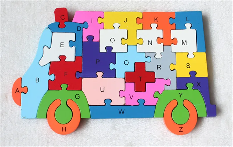 New wooden toy  Cartoon Color Ambulance 26 piece English letters and digital cognitive Wooden Jigsaw Puzzle Free shipping