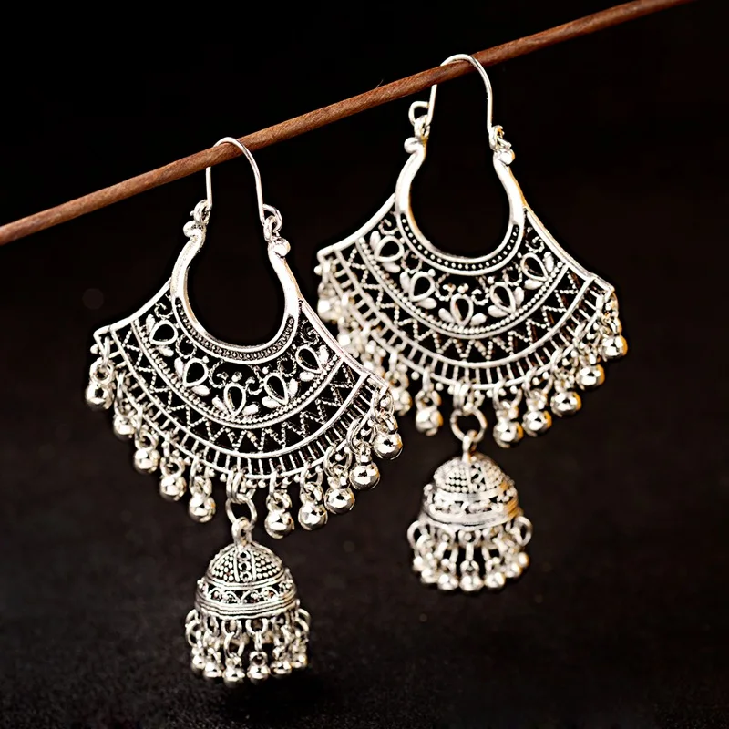 Женские винтажные сережки Jhumka в турецком стиле Серебристые серьги колокольчики