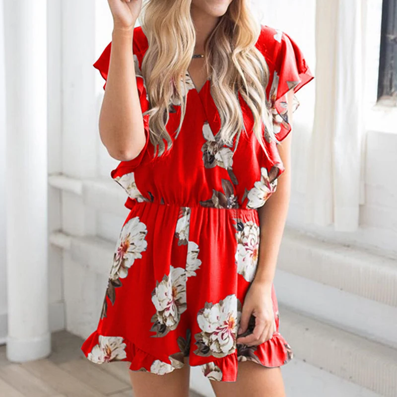 2019 Summer Fashion Floral Print Sexy V-neck Ruffled Women's jumpsuit Female Mini Holiday Casual Short Sleeve Playsuit Rompers 2019 Summer Fashion Floral Print Sexy V-neck Ruffled Women's jumpsuit Female Mini Holiday Casual Short Sleeve Playsuit Rompers