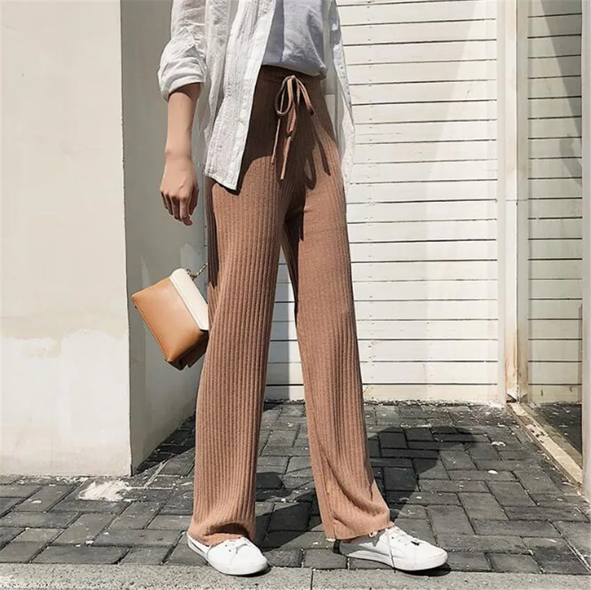 Kopen MLCRIYG Koreaanse trailing vrouwen gebreide met brede benen rechte taille slanke taille broek