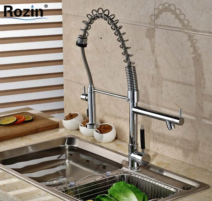 Swivel Spout Deck Mount Kitchen Spring Mixer Faucet Single Handle Dual Sprayer Nozzle Water Taps Chrome Finish swivel spout deck mount kitchen spring mixer faucet single handle dual sprayer nozzle water taps chrome finish