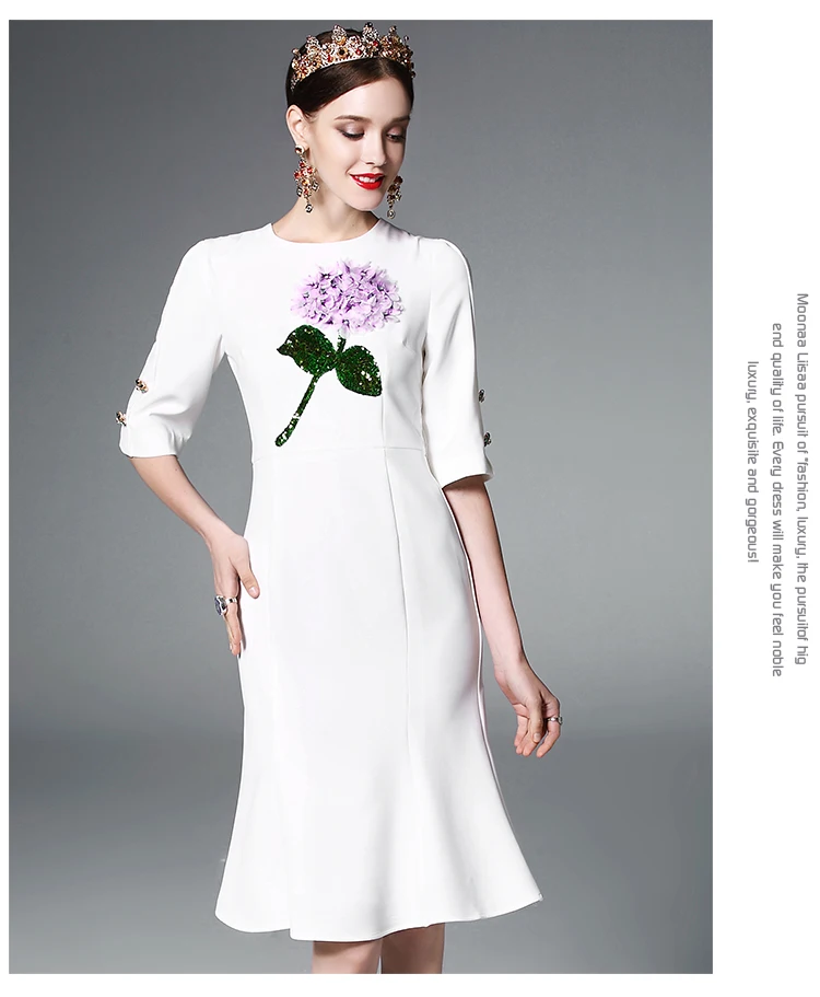 Высокое качество, новинка, дизайнерское женское летнее платье с круглым вырезом, расшитое блестками, на пуговицах, белое платье-Русалка