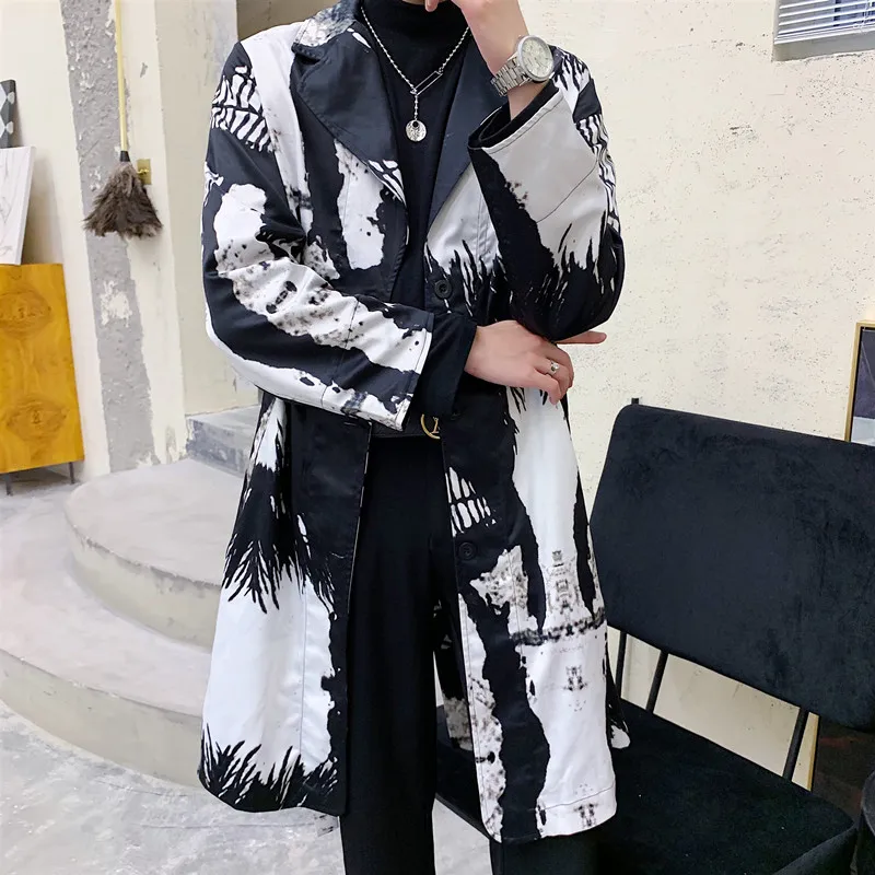 Male Streetwear Hip Hop Slim Casual Vintage Windbreaker Jacket Outerwear Men Print Long Trench Coat Cardigan