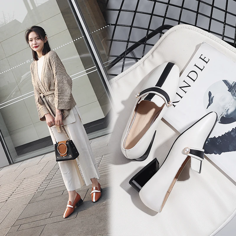 

Women shoes Shaped heel Shallow mouth mid-Heeled pointed toe cow Leather Pearl decoration White casual Women shoes Size 32-43