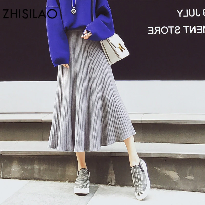 

ZHISILAO 2018 Plus Size Knitted Woman Skirts Winter Long Pleated Skirts Solid Maxi Skirt Black High Waist Saia Longa Femme