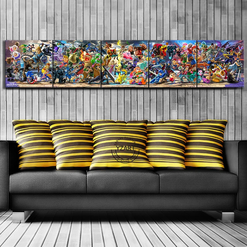 Billige 5 stück Super Smash Bros Cartoon Bilder Video Spiel Poster Kunstwerk Leinwand Gemälde Wand Kunst für Wohnkultur