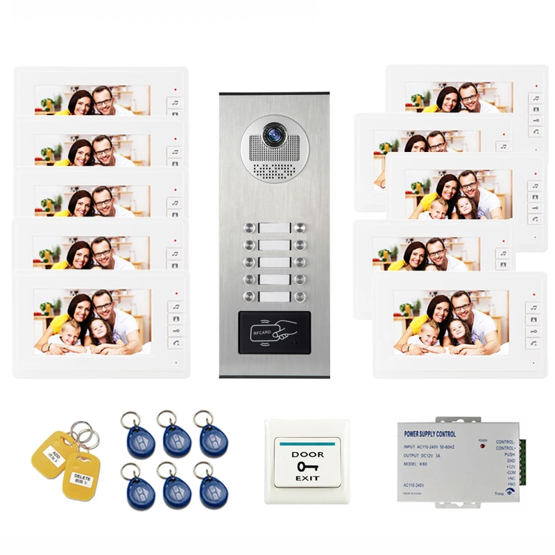 

JEX Video Door Intercom 7 Inch Video Door Phone Video Doorbell System with RFID Access Door Camera For 10 Unit Apartment