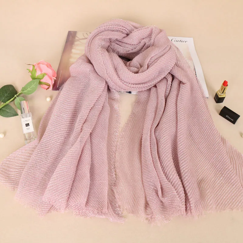 Plain Shinny Hijab Women Silver Shimmer Scarf Glitter Bubble Cotton