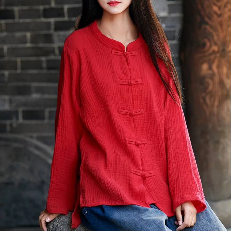 

ORIGOODS Chinese style Long sleeve Women Blouse Shirt Solid Red White Vintage Summer Shirts Brand Women Tops and Blouses B206