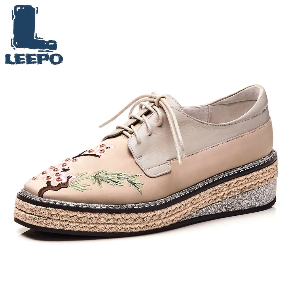 

LEEPO Women Embroider Brogue Shoes Woman Handmade Genuine Leather Wedge Flat Platform Shoes Ladies Apring Retro Lace-Up Oxfords