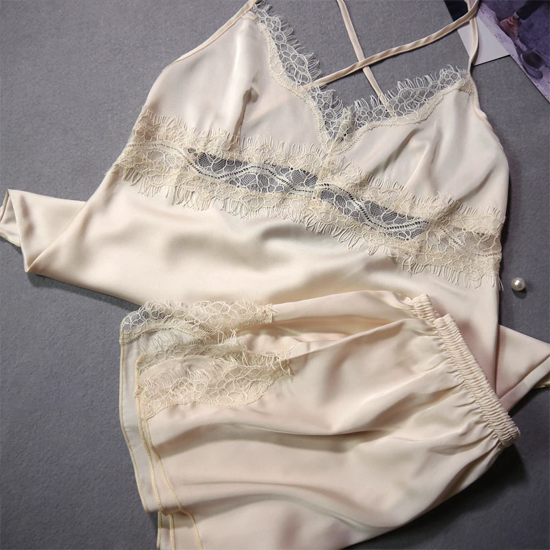 

PIGIAMA Chiffon Sexy Cross-Stitch Pyjamas Women Pajama Sets Lace Homewear Bathrobe Women Pijamas Ladies Nighty Sleepwear