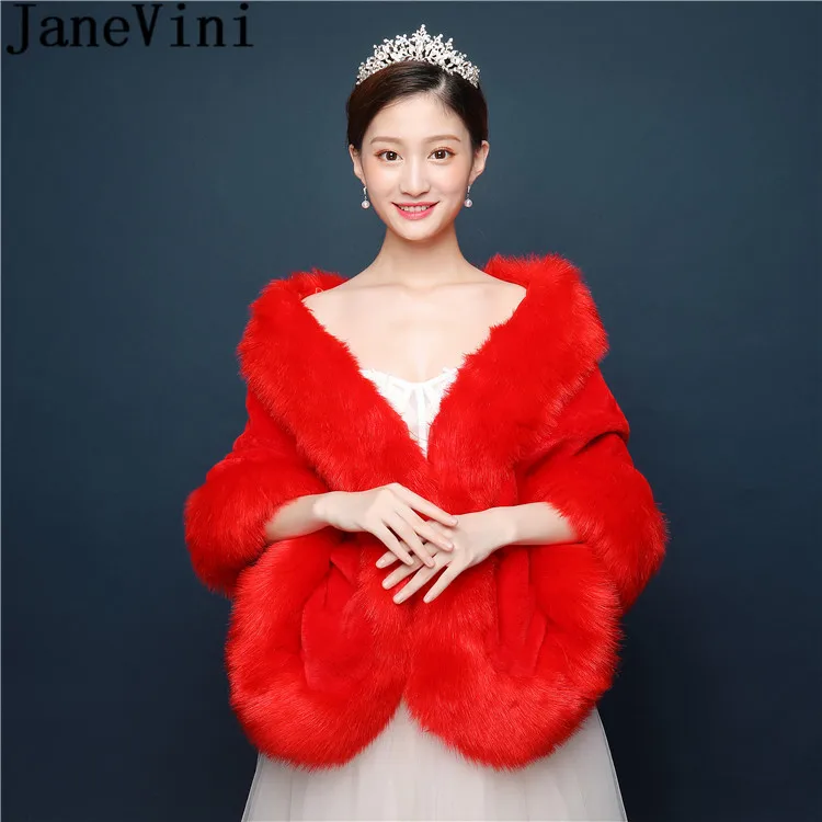 JaneVini High Quality Fur Shawl Wedding Wrap Winter Red Women Evening Bolero Faux Fur Bridal Capes Stola Wedding Cloak Elegant