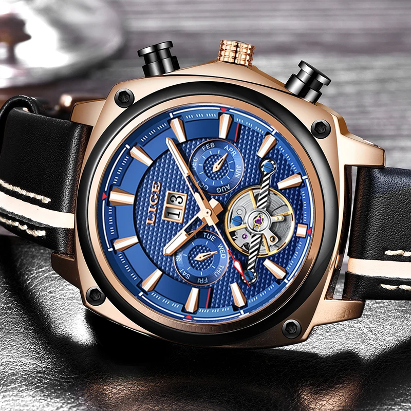 LIGE Брендовые Часы Мужские автоматические механические Tourbillon спортивные военные часы из нержавеющей стали Водонепроницаемые кожаные деловые часы