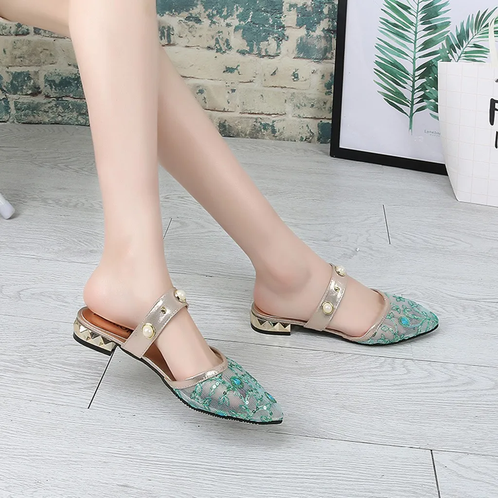 

Summer Slippers Women Pearl Bling Mules Shoes Women Slippers 2019 Fashion Embroider Women Sandals Beach Shoes