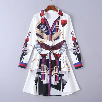 

European and American women's wear autumn 2018 The new Long sleeve v-neck Diamond chain printing dress