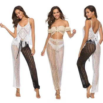

Beach Dresses Swimsuit Cover Tunics For Swimming Suit Women 2019 Nightclubs Hooked Hollow Color Trousers Sexy Belt Pants Animal