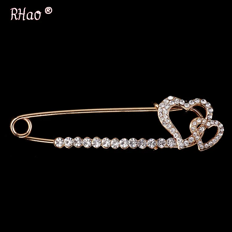 RHao New Double Heart Large long brooch pins Crystal Heart Love Safety