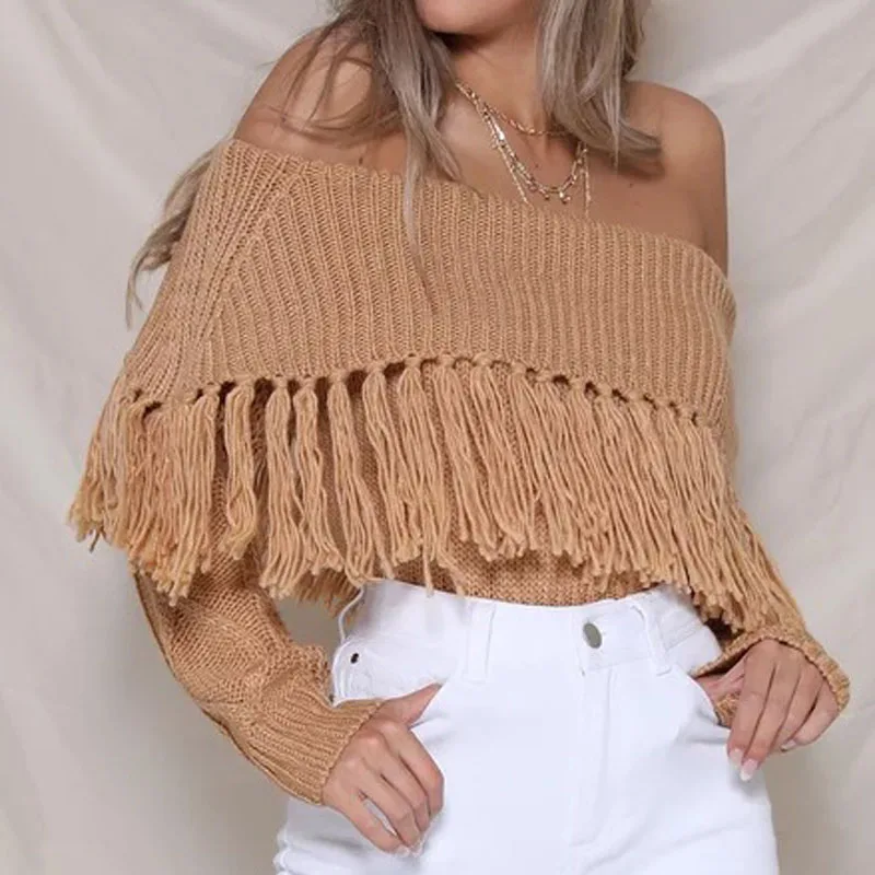 Autumn Winter Sexy Fashion Sweater Pullovers Slash-neck Long-Sleeve Tassel Knitted Sweater Tops B08SW851 Sweaters