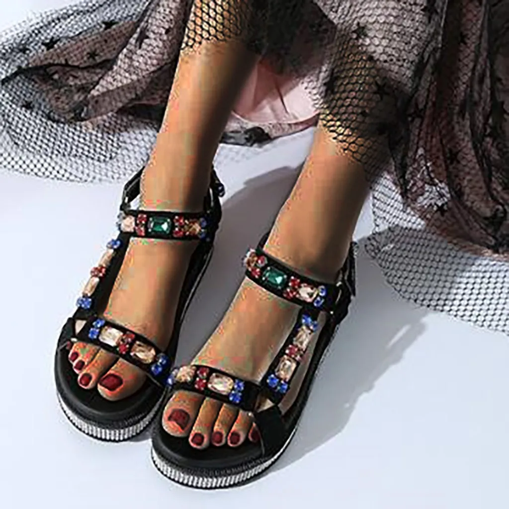 

2019 New Women Sandals Fashion Platform Shoes Color Rhinestones Sandals Women Flat Shoes Summer Beach Ladies Shoes Sandals