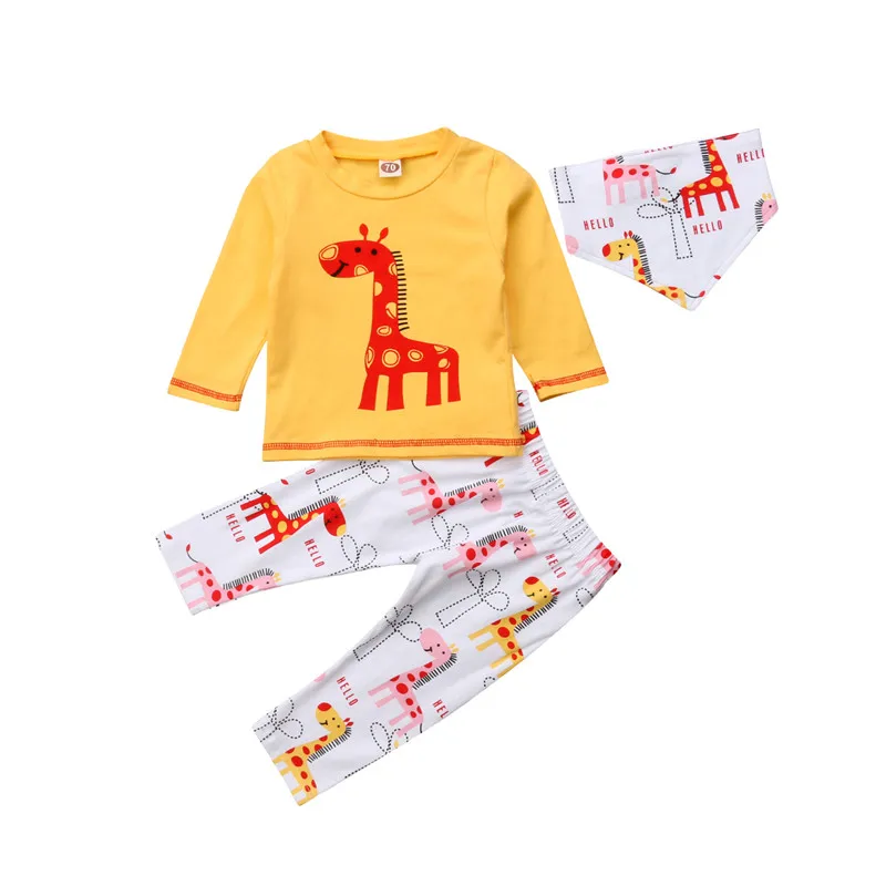 Одежда для маленьких мальчиков и девочек, пуловер с длинными рукавами и круглым вырезом, футболки, штаны с принтом животных, комбинезон с геометрическим рисунком, 3 предмета, осенняя одежда для детей - Цвет: Многоцветный