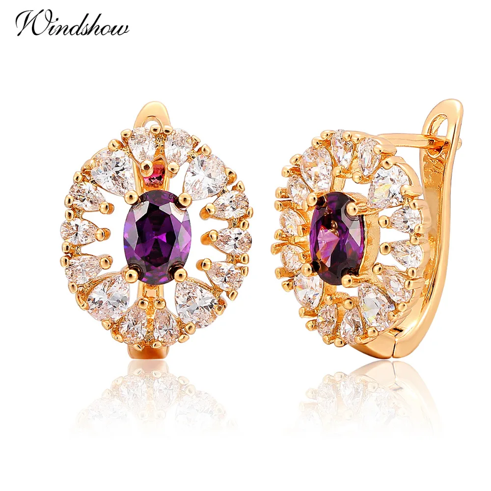 

Oval Cut Purple W/ Pear Cut CZ Accent Yellow Gold Color Leverback D Shape Hoop Earrings Luxury Jewelry for Womens