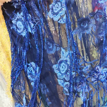 

dark blue french lace fabric 5 yards cheap african sequins lace fabric high quality tassel fringe african tulle lace fabric