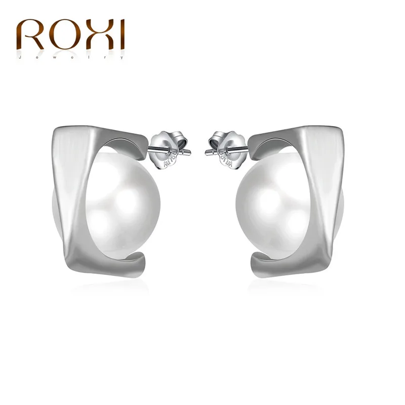 

ROXI Women Stud Earrings Irregular Geometric Fashion Jewelry White Gold Imitation Pearls Earrings for Women Ohrringe Gift