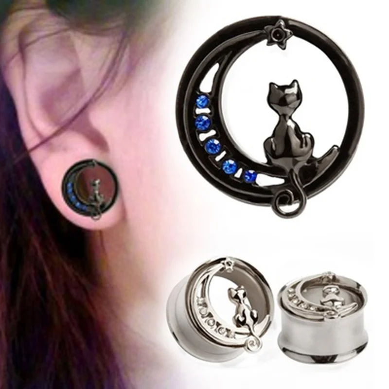 

New Arrival 1 Piece Black Ear Piercing Plugs Stainless Steel Rhinestone Ear Expansion Cat Style Body Jewelry