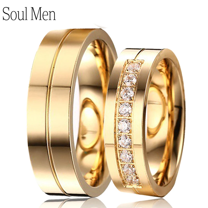 

Soul Men 1 Pair Lover's Gold Color Engagement Ring with 9 CZ for Ladies 6mm Simple Wedding Ring Set for Male Alliance in Brasil