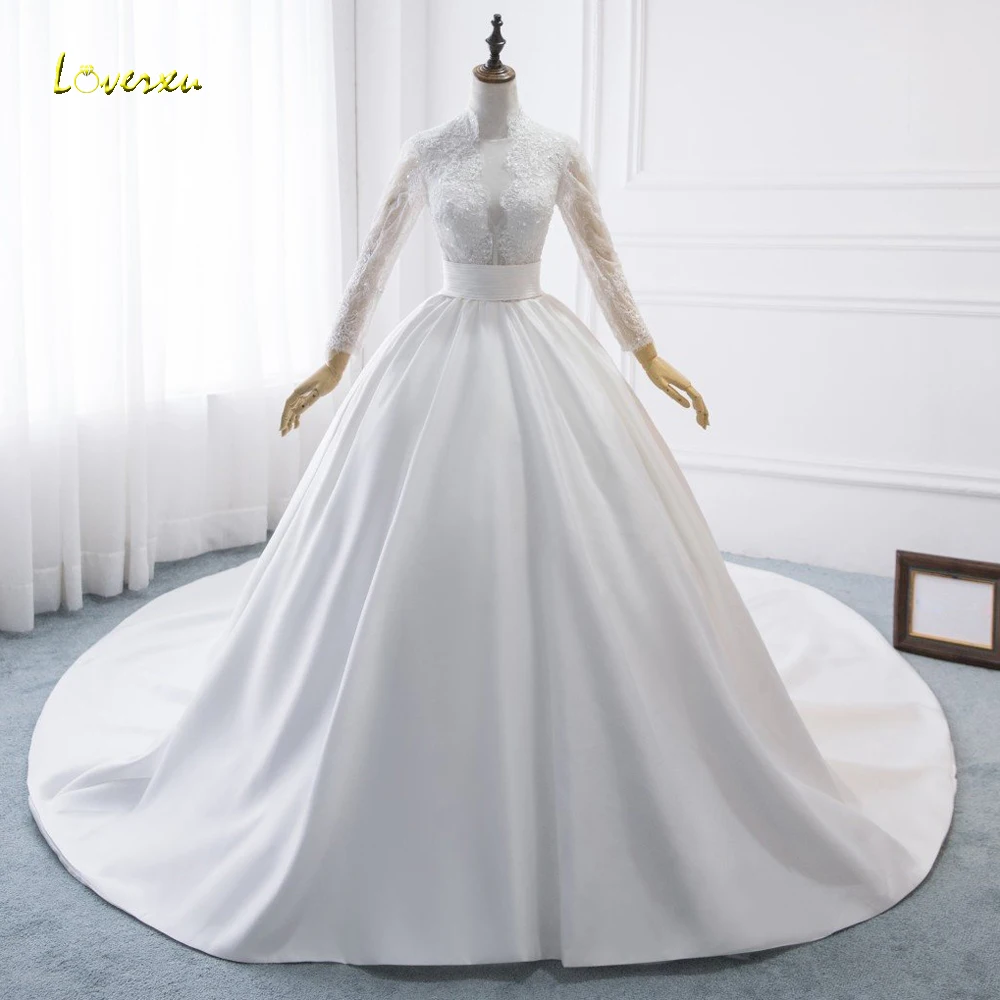 Loverxu Vestido De Noiva с длинным рукавом бальное платье Свадебные платья Высокий воротник бисером Часовня Поезд Атласное Свадебное Платье