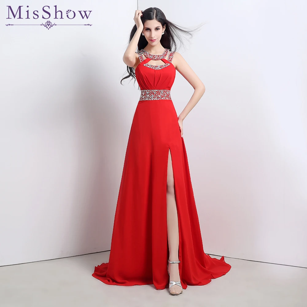 

Fast ship In stock Formal Evening Dresses Sexy Backless Red Royal Blue high split Evening Dress 2019 Long Chiffon Evening Gowns
