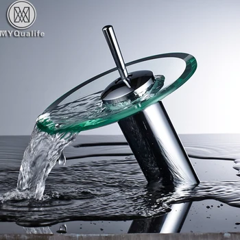 

Free Shipping Glass Waterfall Basin Faucet One Handle Single Hole Bathroom Hot and Cold Mixers Lavatory Sink Washing Tap