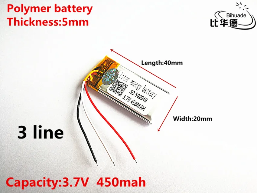 3 линии хорошего качества 3,7 V, 450 mAH, 502040 полимерный литий-ионный/литий-ионная аккумуляторная батарея для игрушка, портативное зарядное устройство, gps, mp3, mp4