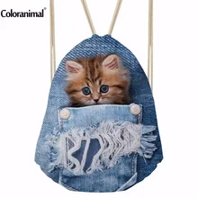 INSTANTARTS Sport Bag Gym Sack Blue Denim Cute Animal Cat Printing Drawsting Backpack for Children Boys