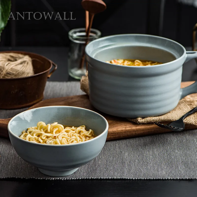 

ANTOWALL Ceramic instant noodle bowl with lid large size soup tureen student dormitory convenient instant noodle bowl Manhattan