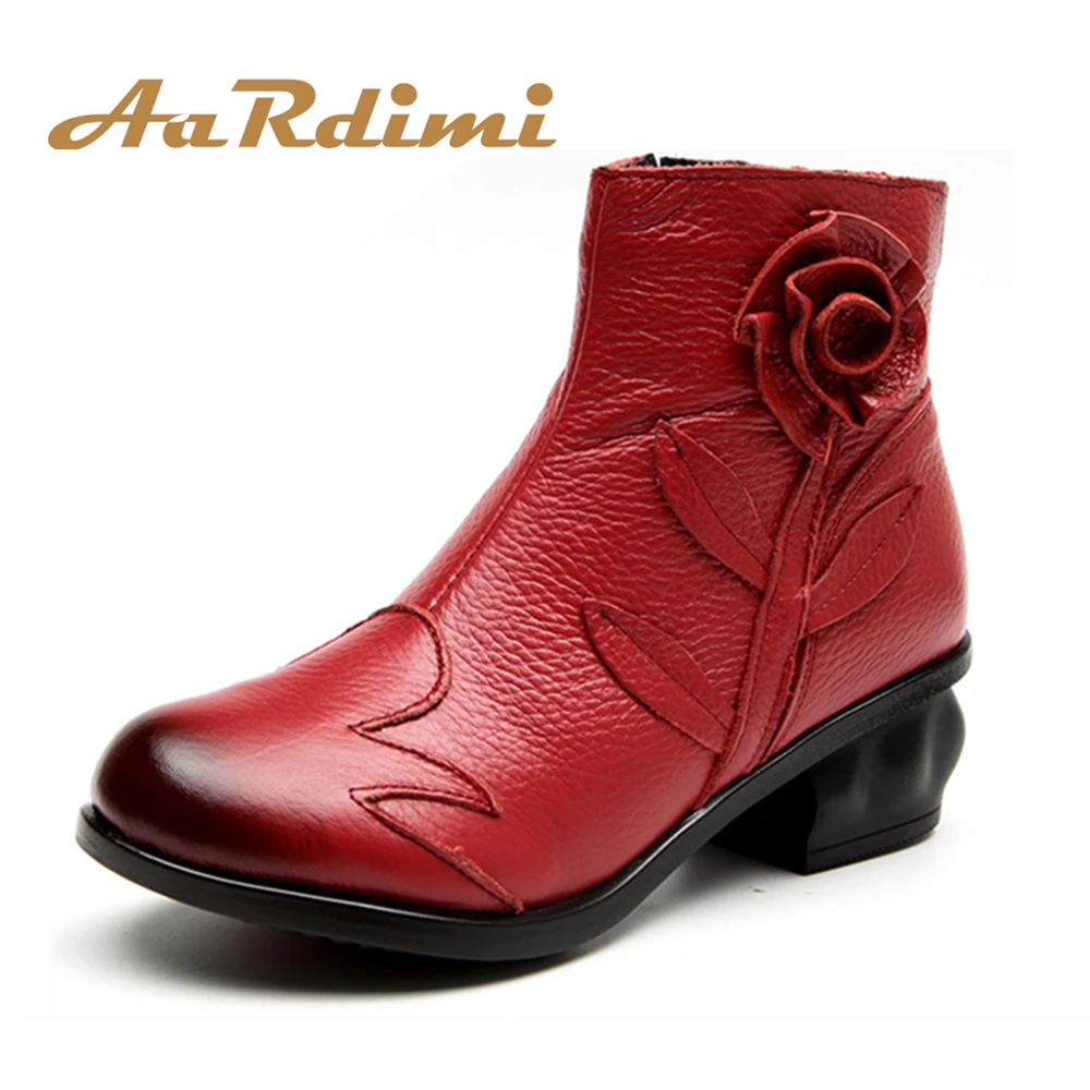 

AARDIMI Handmade Genuine Leather Women Boots Winter Solid Flower Ankle Boots For Woman Vintage Women Shoes Hoof Heels