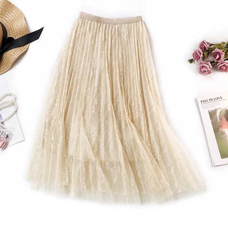 Women Long Tulle Skirt High Waist Elascity Maxi Pleated Skirt 2019 Spring Sweet Pink Party Skirt Fashion Lace A-line skirt Femal Women Long Tulle Skirt High Waist Elascity Maxi Pleated Skirt 2019 Spring Sweet Pink Party Skirt Fashion Lace A-line skirt Femal
